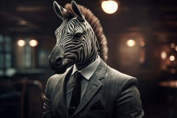 Fototapeta na wymiar Anthropomorphic Zebra dressed in a suit like a businessman. Business Concept. AI generated, human enhanced