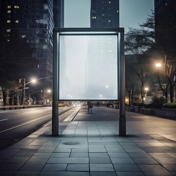 Blank Billboard At The Bus Stop In The Middle Of New York Street. Generative Ai