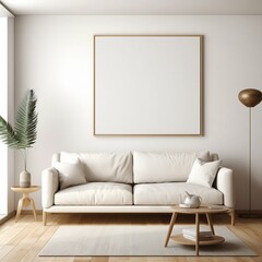 Blank Poster Frame Sitting on Top of a Sofa in Living Room Interior. Generative ai