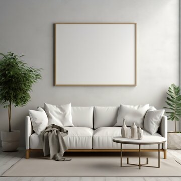 Blank Poster Frame Sitting on Top of a Sofa in Living Room Interior. Generative ai