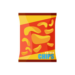 Potato chips. Realistic mockup package of red chips package with label isolated on white background, foil bags with potato snack, vector illustration snack, junk food