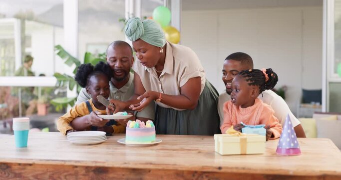 Birthday party, cake and family, children and parents for eating, celebration and kids at home. African people, mother and dad, kids or girl with dessert or holiday food in backyard or outdoor patio