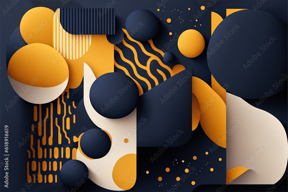 Aufkleber an abstract background with yellow and blue shapes and dots on a dark blue background with a black a