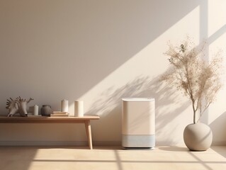 Fototapeta premium Air Purifier in a Minimalist Style Soft Light Living Room Interior. Generative ai