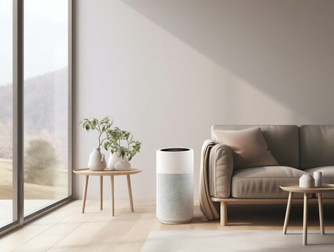 Air Purifier in a Minimalist Style Soft Light Living Room Interior. Generative ai