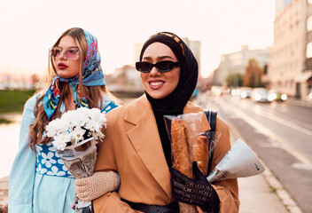 Couple woman one wearing a hijab and a modern yet traditional dress, and the other in a blue dress and scarf, walking together through the city at sunset. One carries a bouquet and bread, while the