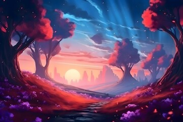 Fototapeta na wymiar Beautiful forest landscape with a sunset in a synthwave style. Beautiful colorful forest painting. Synthwave Wallpaper/Background 