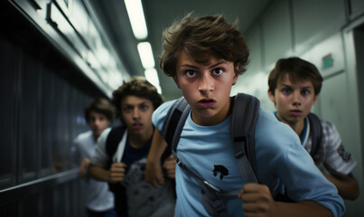 Obraz premium Friends in school corridor. Teenage classmates have fun in school. Created with Generative AI