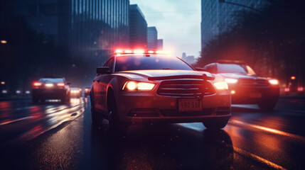 Fototapeta premium Police car with red and blue flashing lights on night street. Police patrol ensures law and order in city . Created with Generative AI