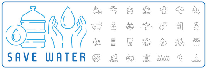 Fototapeta premium Set of water in modern thin line icon style. High quality black outline drop symbols web site design and mobile apps. Simple water pictograms on a white background