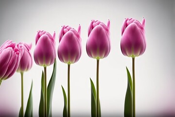 a row of pink flowers with green stems in front of a white background with a light reflection on the bottom of the row of the flowers and the row of pink flowers in the row.