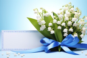 Birthday card with lily of the valley and blue colored background Illustration Generative AI.