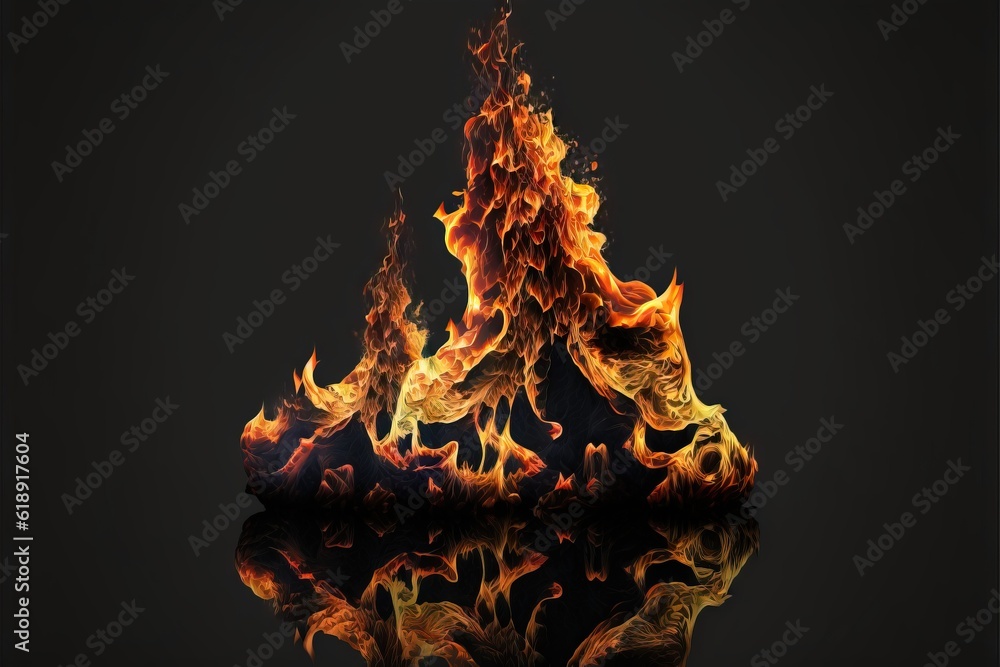 Poster a fire is shown in the middle of a black background with a reflection on the floor and a black background with a reflection of the fire in the middle of the bottom of the image.