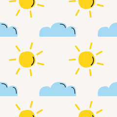 Cutout summer minimal pattern with sun and cloud. Flat papercraft colorful background. Children graphic