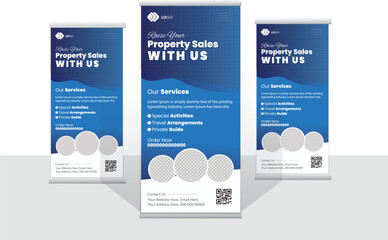Real estate roll up or pull up banner design template Stand banner layout,signage or standee design for Construction, home sale, advertising,Property, real estate roll up or x banner template. 
