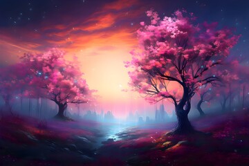 Obraz na płótnie Canvas Enchanting Blossom Forest. Pink forest background. Field of cherry blossoms. Foggy forest wallpaper
