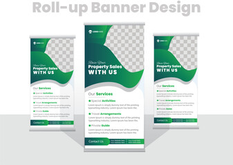 Real estate roll up or pull up banner design template Stand banner layout,signage or standee design for Construction, home sale, advertising,Property, real estate roll up or x banner template. 