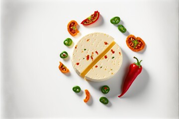 a piece of cheese surrounded by peppers and peppers on a white plate with a slice of cheese on top of it and a piece of cheese on the side of the other side of the cheese.