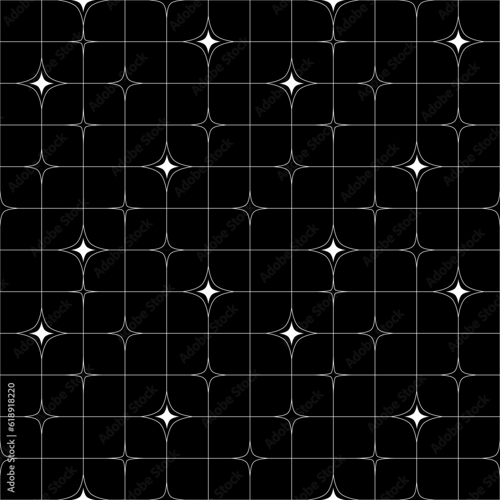 Aufkleber Seamless Pattern with White Stars and Lines on Black Background. Vector Abstract Y2k Minimal Geometry Bg. Graphic Texture with Lines and Stars
