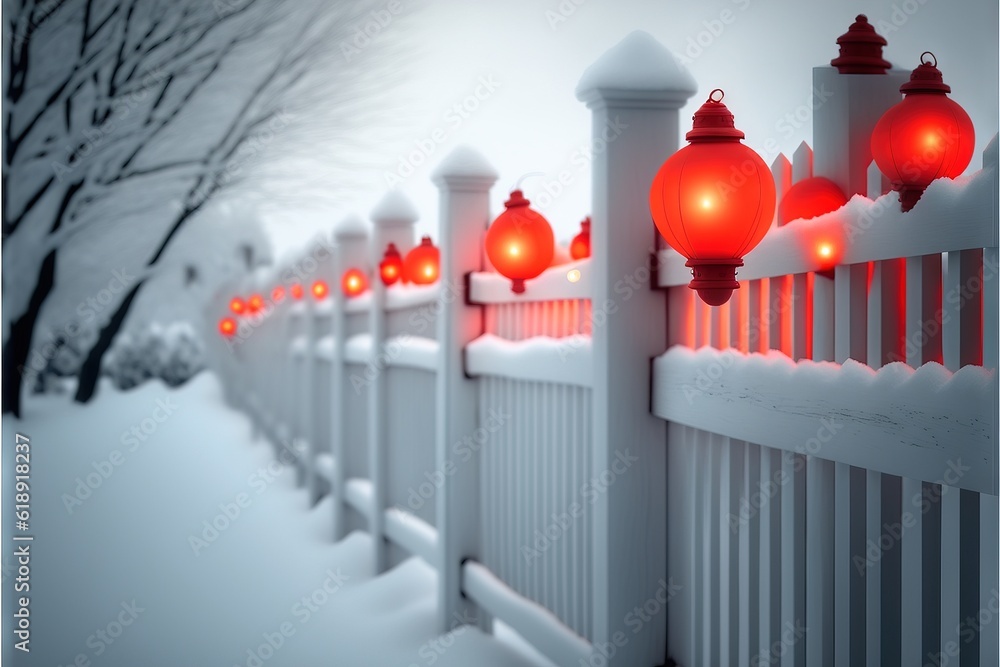 Poster a white fence with red lights on it and a tree in the background with snow on the ground and branche