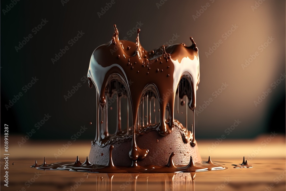 Poster a chocolate cake with chocolate sauce on top of it on a wooden table with water droplets on the surf