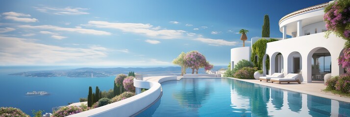 summer banner Santorini style luxury villa mediterranean white house, swimming pool, Luxury modern estate property on hill with stunning sea view, Summer vacation, tourism, generative ai.