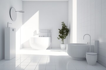 Naklejka na ściany i meble minimalist white bathroom with a potted plant in the corner