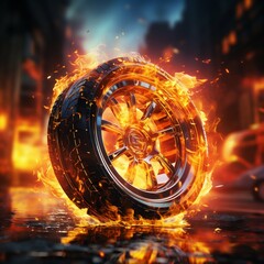 Car Wheel on Fire. Generative ai