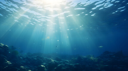 Fototapeta na wymiar Underwater world in the sun. Underwater sea in blue sunlight. .