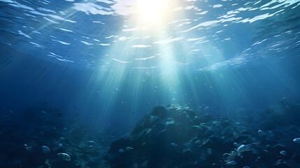 Underwater world in the sun. Underwater sea in blue sunlight. .