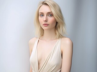 Portrait of a Fictional Pale Blonde Elegant Model wearing a White Dress. Generative AI illustration.
