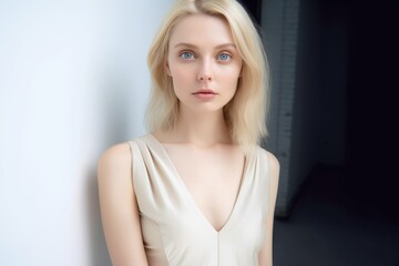 Fototapeta premium Portrait of a Fictional Pale Blonde Elegant Model wearing a White Dress. Generative AI illustration.