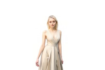 Naklejka premium Portrait of a Fictional Pale Blonde Elegant Model wearing a White Sundress. Isolated on a white background. Generative AI illustration.