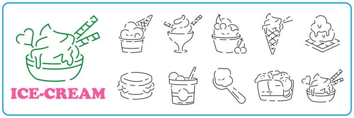 ice cream line icon set. Vector summer theme snack and fast food sweet dessert