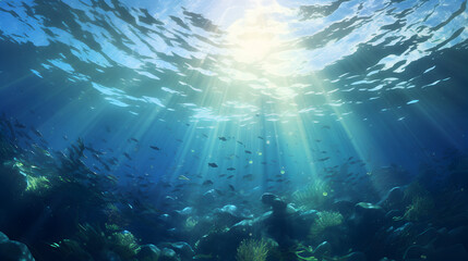 Fototapeta na wymiar Underwater world in the sun. Underwater sea in blue sunlight. .