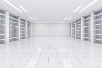 Illustration of an empty white room with numerous shelves, providing ample storage space