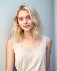 Portrait of a Fictional Pale Blonde Elegant Model Smiling Candidly. Generative AI illustration.