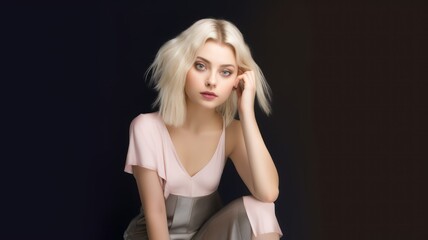 Naklejka premium Portrait of a Fictional Pale Blonde Elegant Model. Generative AI illustration.
