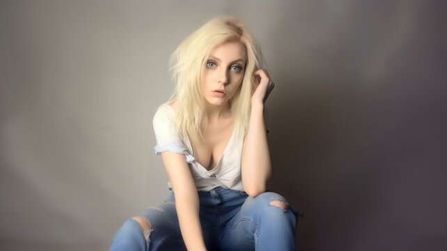 Portrait of a Fictional Pale Blonde Elegant Model Sitting on the Floor in Jeans and T-Shirt. Grunge Rock Style. Generative AI illustration.