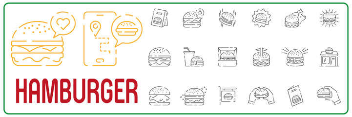 Set of burger Related Vector Line Icons. Hamburger or cheeseburger, sandwich, steak, street food, cheese, sauces, grill, fast food, cafe. Junk food unhealthy