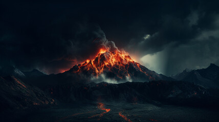 Landscape with a volcano and burning lava - obrazy, fototapety, plakaty