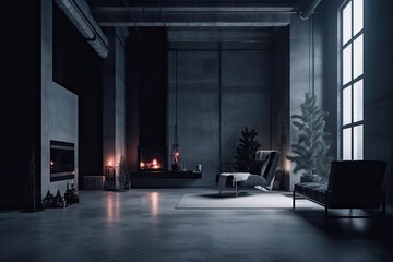 cozy living room with fireplace, couch and armchair in low light