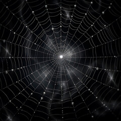 Spider web with water drops on dark background. Generative AI.