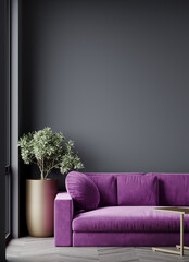 Living room lounge with black wall as a empty paint background for art. Interior design mockup. Bright purple violet color accent sofa couch. Golden or brass elements decor. 3d rendering