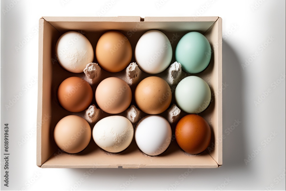 Poster an open box of eggs on a white background with a few eggs in the middle of the box and a few eggs in