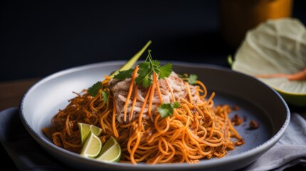 A photorealistic image of a perfectly prepared plate of Pad Thai, showcasing every detail and texture of the dish