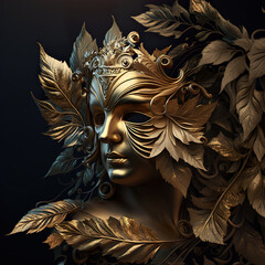 Antique mask. Golden mask framed by leaves. Generative AI.