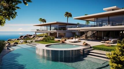 Obraz premium Elegantly Composed Home luxury villa with large swimming pool, Luxury modern estate property on hill with stunning sea view, Summer vacation, tourism, generative ai.