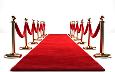A red carpet lined with golden stanchions. Special entrance, ceremony, event, celebration, party, celebration, ceremony, award, podium, VIP, celebrity, elegant, goal achievement, success concept.