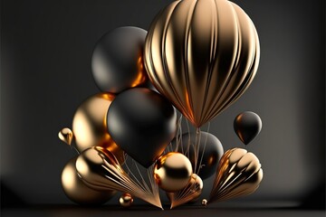 a bunch of black and gold balloons with a black background and a black background with a black background and a black background with a gold balloon and a gold ballontggd.